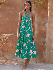 Loral Print Halter Maxi Dress-Green Newgew Dresses