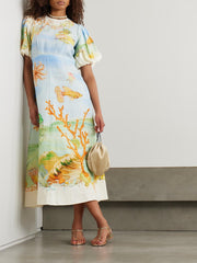 Gathered Printed Linen-Gauze Midi Dress Newgew Dresses