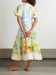 Gathered Printed Linen-Gauze Midi Dress Newgew Dresses