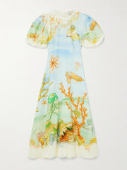 Gathered Printed Linen-Gauze Midi Dress Newgew Dresses