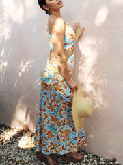 Knotted Cut Out Midi Dress in Baby Blue and Orange Floral Newgew Dresses