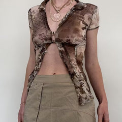 Vintage V Neck Mesh Print Short Sleeve Tee NewGew