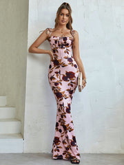 Tie Shoulder Fishtail Hem Floral Print Prom Dress Newgew Dresses