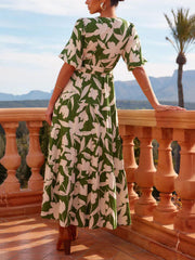 V-Neck Short-Sleeved Slit Printed Maxi Dress Newgew Dresses