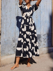 Puff Sleeve V-Neck Geometric Print Midi Dress Newgew Dresses