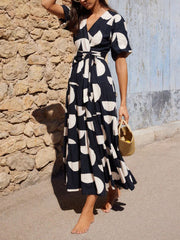 Puff Sleeve V-Neck Geometric Print Midi Dress Newgew Dresses