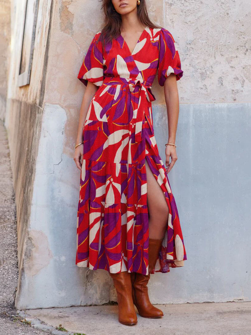 V-Neck Puff Sleeves Slit Printed Maxi Dress Newgew Dresses