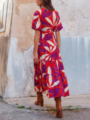 V-Neck Puff Sleeves Slit Printed Maxi Dress Newgew Dresses