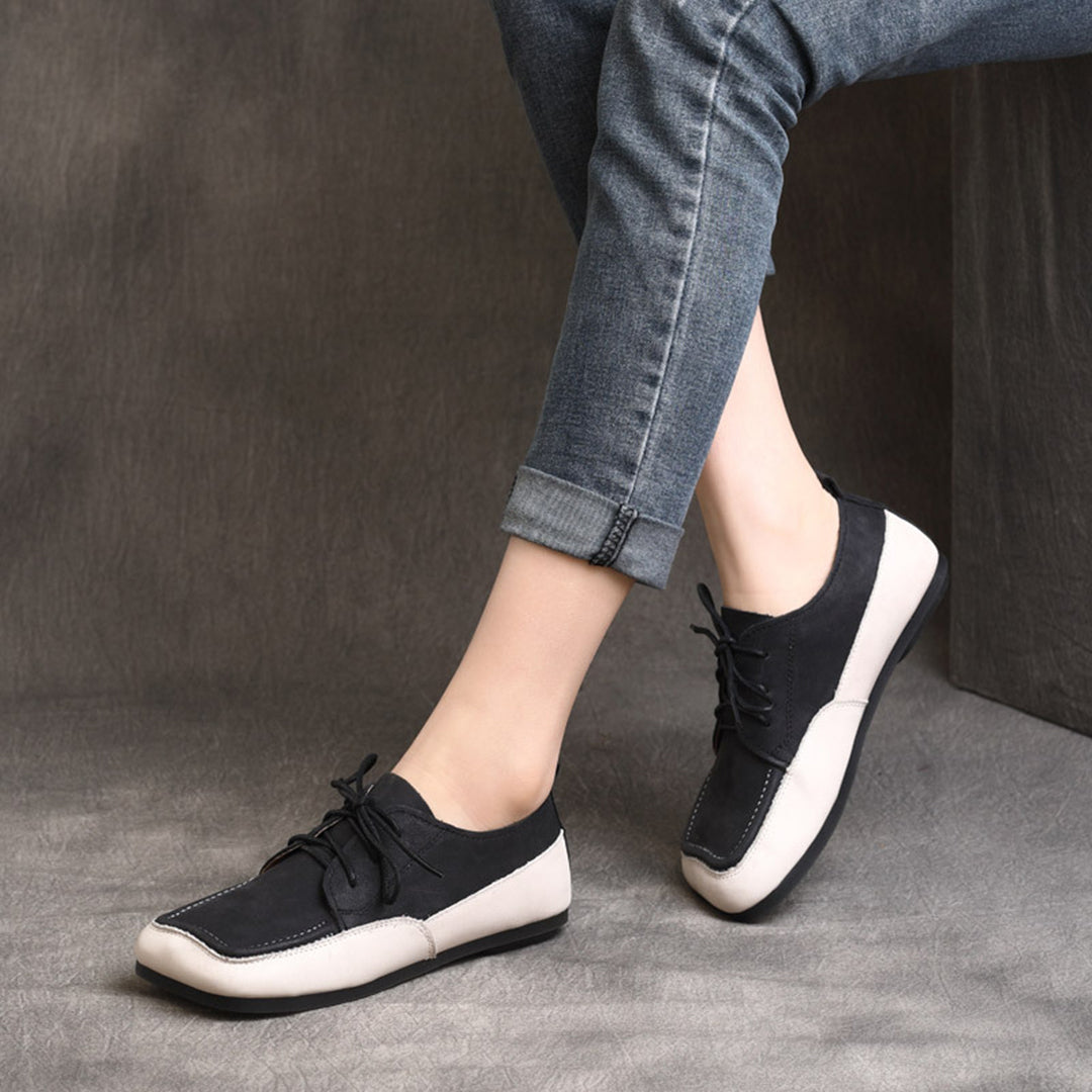 Color Block Square Toe Lace Up Flat Shoes Newgew Shoes