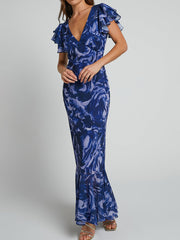 V Neck Flutter Sleeve Maxi Dress In Navy Swirl Newgew Dresses