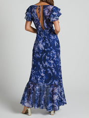 V Neck Flutter Sleeve Maxi Dress In Navy Swirl Newgew Dresses