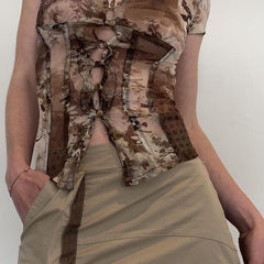 Vintage V Neck Mesh Print Short Sleeve Tee NewGew