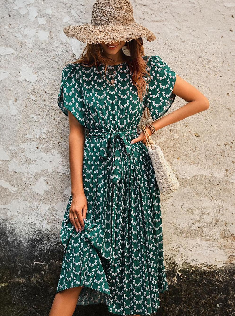 Floral Midi Dress Stretch Sash Jewel Neck Short Sleeves Bohemian Newgew Dresses