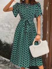 Floral Midi Dress Stretch Sash Jewel Neck Short Sleeves Bohemian Newgew Dresses