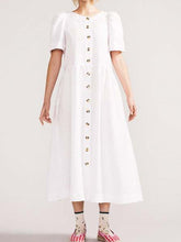 V Neck Linen Button-Down Midi Dress with Pocket In White Newgew Dresses
