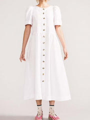 V Neck Linen Button-Down Midi Dress with Pocket In White Newgew Dresses