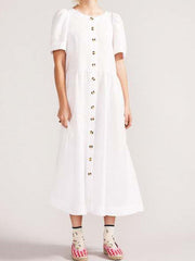 V Neck Linen Button-Down Midi Dress with Pocket In White Newgew Dresses