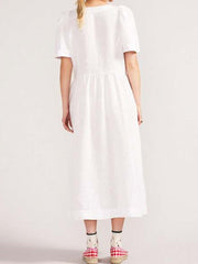 V Neck Linen Button-Down Midi Dress with Pocket In White Newgew Dresses