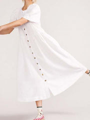 V Neck Linen Button-Down Midi Dress with Pocket In White Newgew Dresses