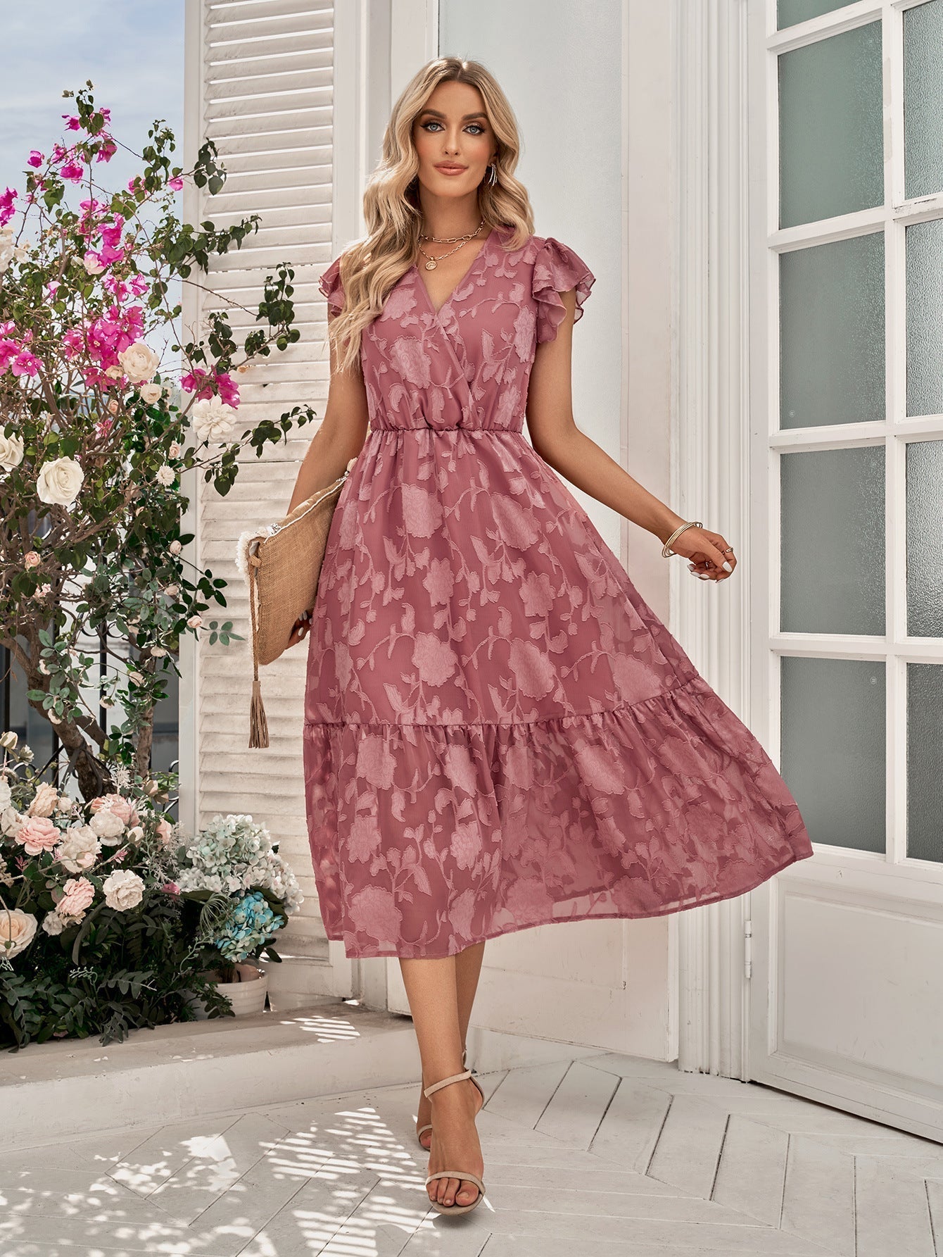 Rebecca V-Neck A-Line Dress: Floral Flutter Sleeve Surplice Midi Newgew Dresses