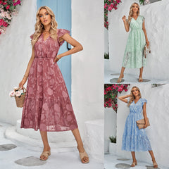 Rebecca V-Neck A-Line Dress: Floral Flutter Sleeve Surplice Midi Newgew Dresses