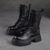Women Retro Classic Leather Platform Mid-Calf Boots Newgew Shoes