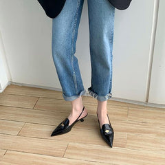 Genuine Leather Color Matching Pointed Toe Slingback High Heels Newgew