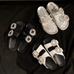 Rhinestone Genuine Leather Double-Strap Slippers Newgew