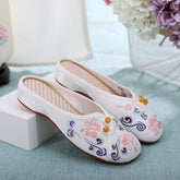 Women's Flat Soft Bottom Retro Button Embroidery Ancient Canvas Shoes Newgew