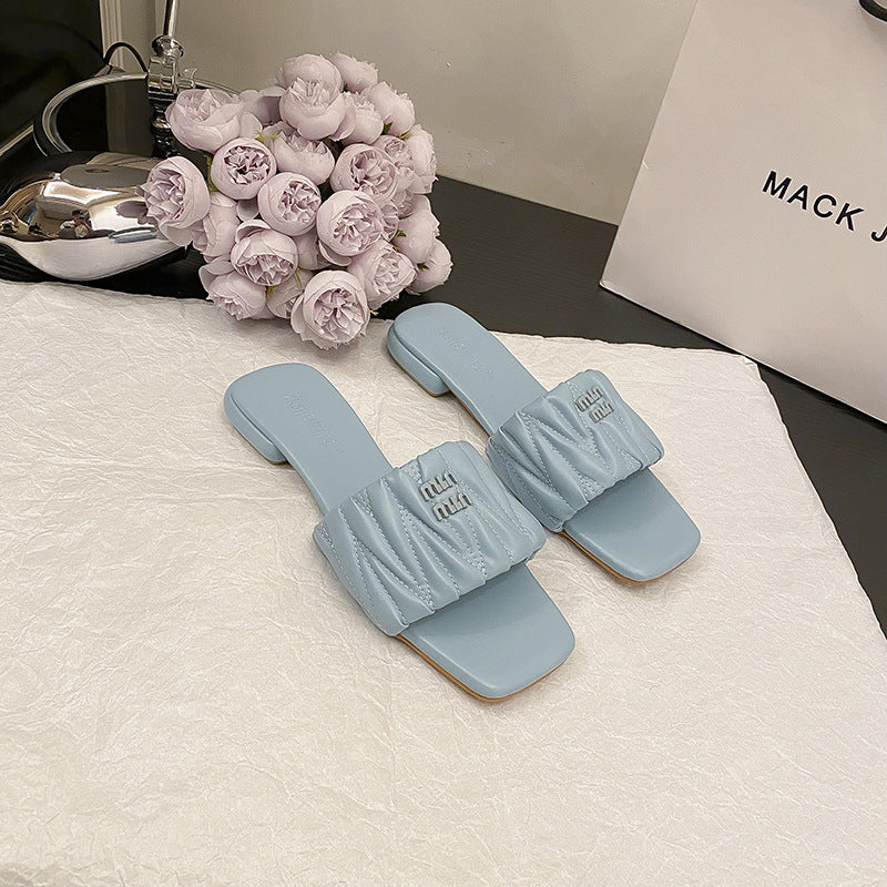 Pleated Flat Heel Non-Slip Square Toe Sandals NewGew