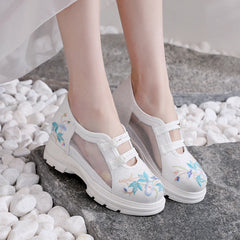 Women's Clan Ancient Style Mesh Embroidered Wedge Canvas Shoes Newgew