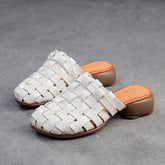 Women Handmade Plaited Leather Low Block Slides Sandals Newgew Shoes