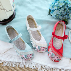 Women's Antique Style Embroidery Tendon Bottom Height Increasing Canvas Shoes Newgew