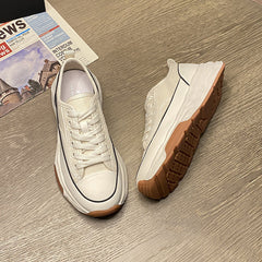 Women's Spring Thick Bottom Versatile Korean Style White Round Canvas Shoes Newgew