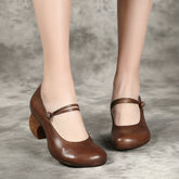 Women Retro Casual Leather Chunky Heel Pumps Newgew Shoes