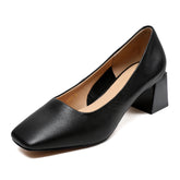 Women Minimalist Leather Square Toe Chunky Heel Pumps Newgew Shoes