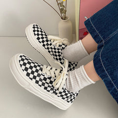 Women's & Men's Plaid Black And White Chessboard Canvas Shoes Newgew