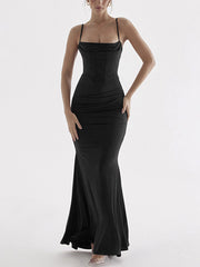 Square Neck Ruched Corset Fishtail Evening Maxi Dress Newgew Dresses