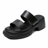Women Retro Solid Soft Leather Chunky Lug Sole Slides Newgew Shoes