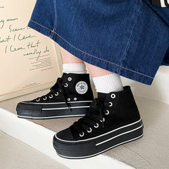 Women's White Thick-soled Thin Color Board Canvas Shoes Newgew