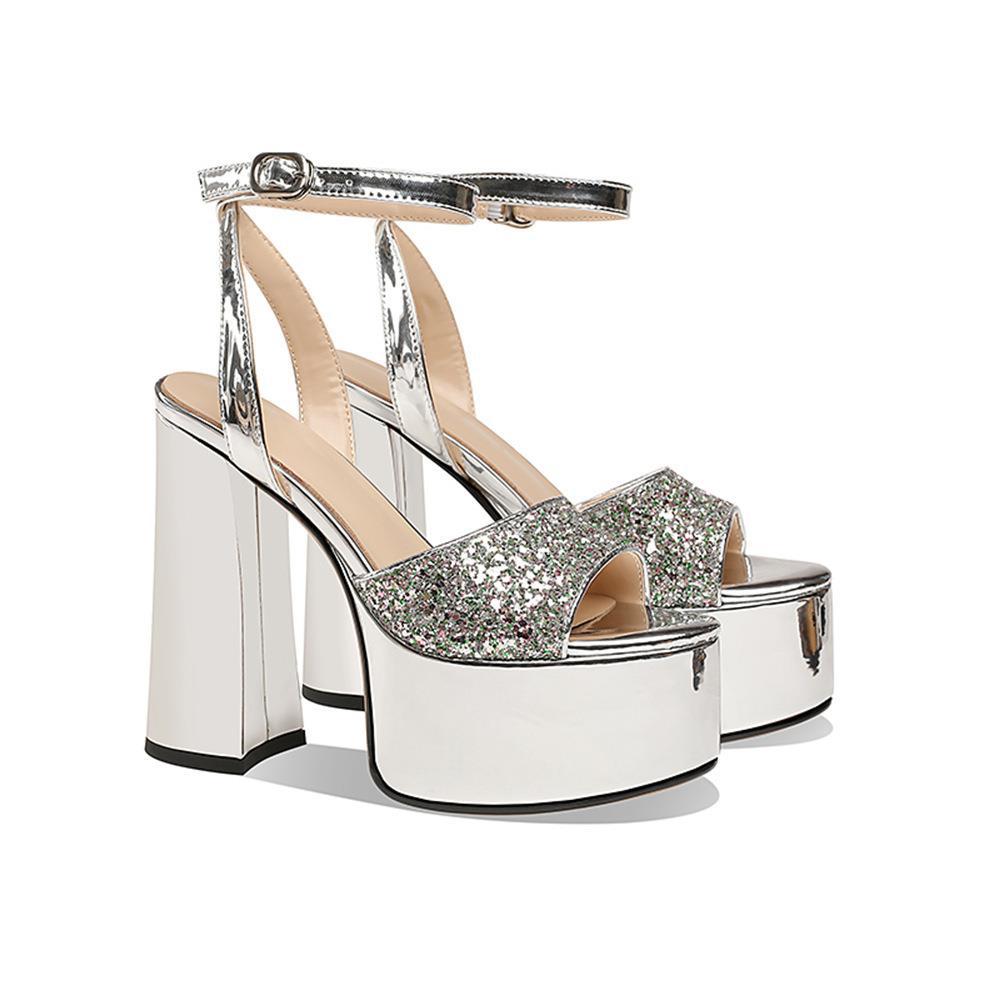Hanan Sparkly Gold Block Heels - Silver Newgew