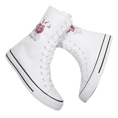 Women's Front Side Zipper Rose Pattern Canvas Shoes Newgew