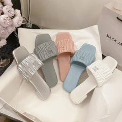 Pleated Flat Heel Non-Slip Square Toe Sandals NewGew