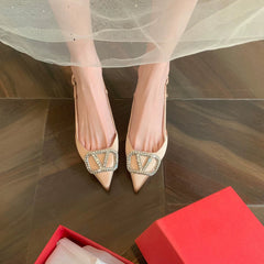 Pointed V-Buckle Leather Stiletto High Heels Newgew