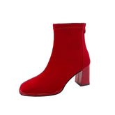 Square Toe Thick Heeled Back Zipper Short Boots Newgew