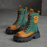 Women Retro Color Matching Patchwork Leather Combat Boots Newgew Shoes
