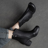 Women Retro Figured Leather Chunky Heel Mid-Calf Boots Newgew Shoes