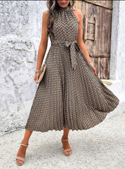 Women's Patterned Sleeveless Halterneck Midi Dress with Waist Tie Newgew Dresses