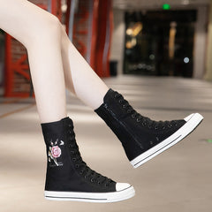 Women's Front Side Zipper Rose Pattern Canvas Shoes Newgew