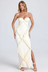 Pleated Frilly Slip Slit Maxi Dress Newgew Dresses